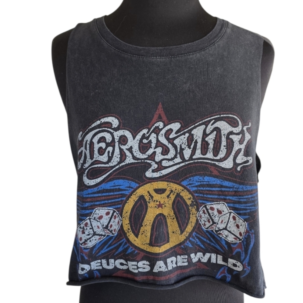 Aerosmith Thrashed Cropped Band Top Medium Black Graphic Tank Top